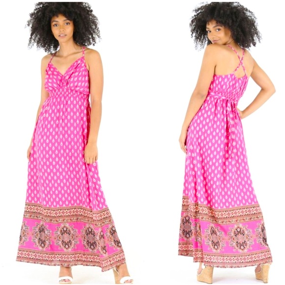 Penna&Pine Dresses & Skirts - Pink V-Neck Floral Maxi Boho Dress